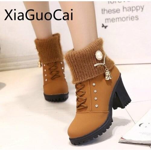 Yellow and Black New Women High Heels Boots Round Toe Rome Womens Casual Winter Boots Zipper Fashion Ladies Snow Boots