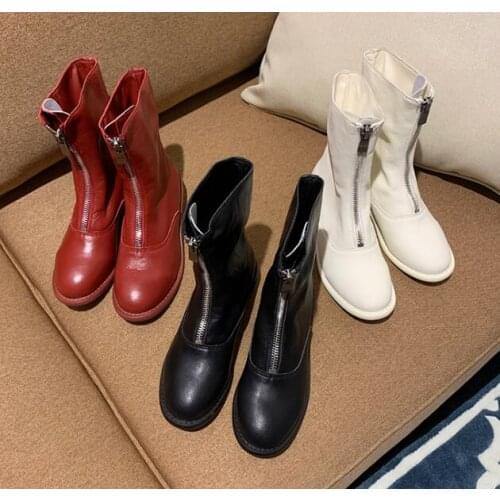 Moraima Snc Newest Round Toe Riding Boots Woman Leather Ankle Boots Front Zipper Flat Shoes Black Red White