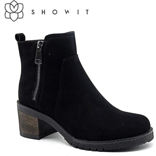 Lady casual ankle boots High quality zip side footwear for women Mid-heel Female Autumn boot with Round toe anti-skid match heel