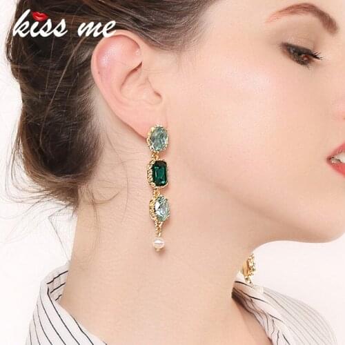 KISS ME Blue Green Acrylic Crystal Oval Wedding Earrings for Women Korean Fashion long Dangle Earrings Luxury Brand Jewelry