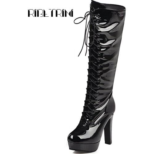 RIBETRINI 2019 Hot Women Knee Boots Vintage Square High Heels Lace Up Round Toe Platform Patent PU Leather Knight Boots Big Size