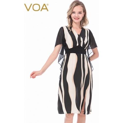 VOA Silk Black and White AJ19 Printed Chicken Heart Collar Ribbon Short Sleeve Bump Splicing Elastic Waist Slit Dress for Women