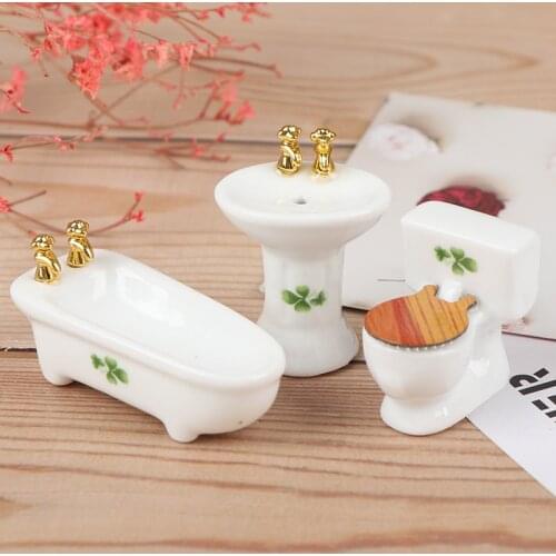 1Set(3pcs) 1/24 Dollhouse Miniature Bathroom Set Ceramic Bathtub Toilet for Dolls House Furniture Play Toy 3Styles