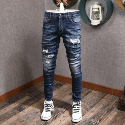 European Vintage Fashion Men Jeans Retro Dark Blue Slim Destroyed Ripped Jeans Men Painted Patchwork Designer Denim Punk Pants