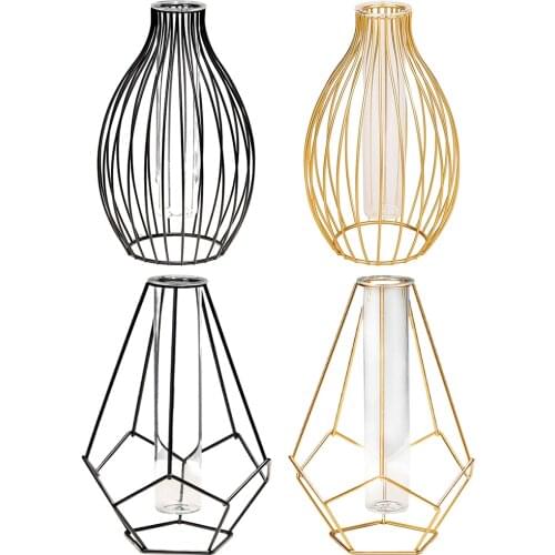 Metal Frame Hydroponic Flower Vase Test Tube Glass Planter Terrarium Geometric Plant Pot Tabletop Plant Holder Home Office