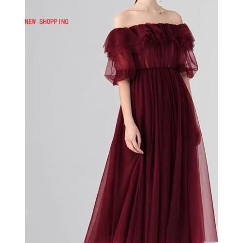 Red Christmas Dresses Long Sleeve Off Shoulder Princess Noble Dress 2021 New Plus Size Tulle Lace-up LuxuriousParty Mesh Dresses
