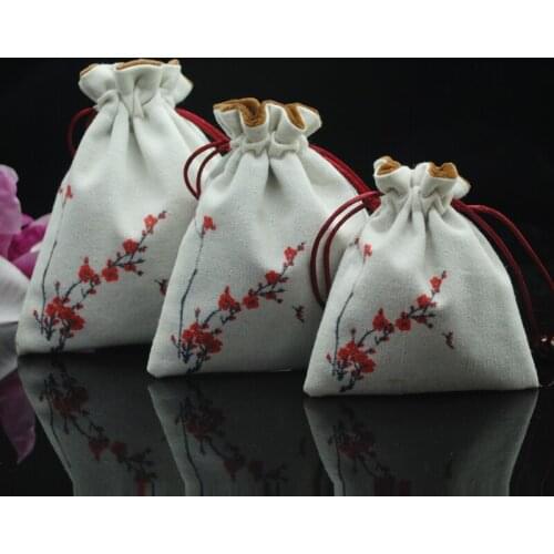 Plum Lotus Linen Velvet Jewellery Pouch Travel Jewelry Drawstring Bag Printed cloth bags Bead Bracelet Storage Pouch 1pcs
