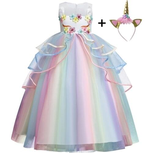 Cute Girls Ankle-Length Cosplay Unicorn Dress Tulle Flower Rainbow Pastel Tutu Dress With Hairbow Children Christmas Costume