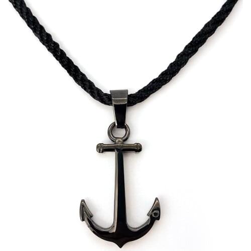 Runda Fashion IP Mens Black Stainless Steel Necklace Anchor Pendant with Rope Chain Mens Holiday Gift