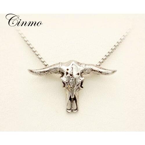 Cinmo Halloween Horror Cow Skull Pendant Necklace Vintage Hip Hop Stainless Steel Necklaces For Men Women Trendy Jewelry Gift