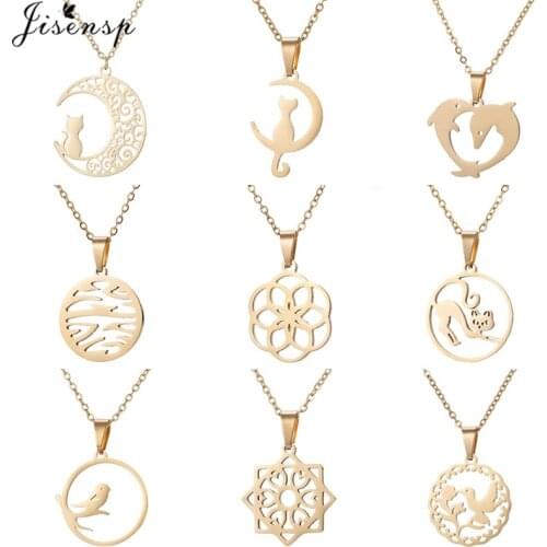 Stainless Steel Necklace Women Minimalist Cat Birds Moon Flower Round Pendant Necklaces Jewelry accesorios mujer bijoux femme