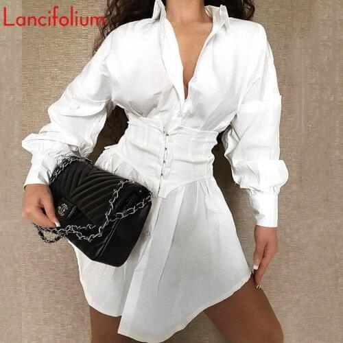 Button Up White Shirts Dress Women Spring Summer Long Sleeve Sexy Party Dress Ladies Korean Egirl Cute Mini Dress 2020 Robe
