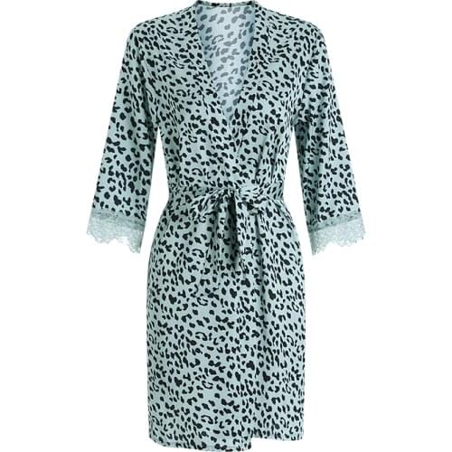 Rayon kimono temptation leopard print nightgown sexy printed cardigan lace nightgown bathrobe casual home wear pajamas