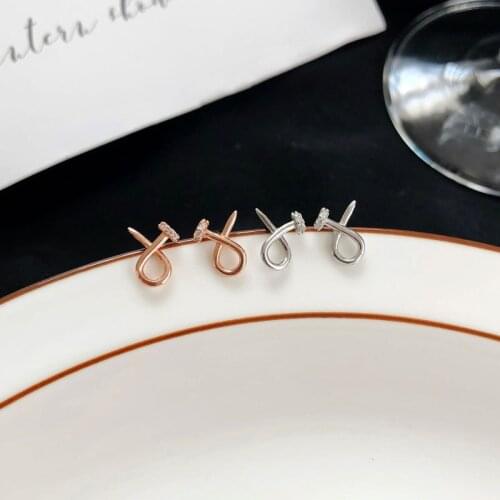 Real 925 Sterling Silver Crossed Nail Stud Earrings for Women Girls Simple Jewelry