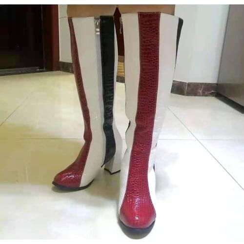 Stone Texture Thick Heel Color Matching Fashion Womens Knee-Length Boots Large Size Side Zipper Color Street Trendy Boots