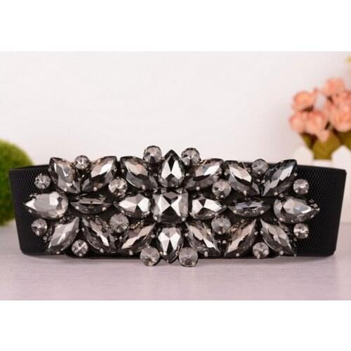 Gorgeous Elastic Wide Belt Women Stretch Waist Belt Crystal Flower Buckle Waistband Strap Cinch Black Cummerbunds