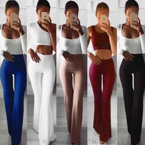 Hirigin Fashion Women Pants Solid High Waist Flare Wide Leg Chic Trousers Bell Bottom Pants
