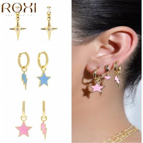 ROXI Copper Irregular Star Lightning Enamel Hoop Earrings For Women Pendientes Drip Oil Gold Silver Jewelry Accessories Kolczyki