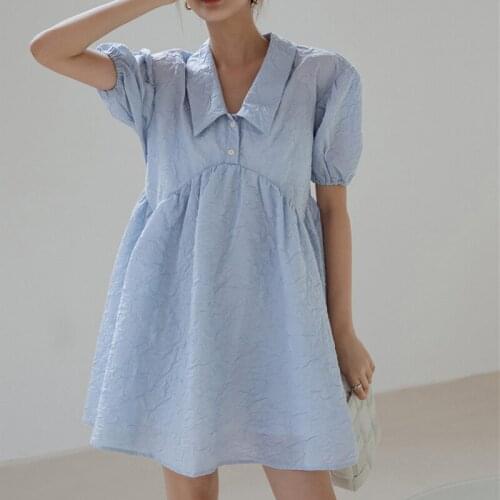 High waist dress women 2020 summer new light blue three-dimensional pattern V-neck puff sleeve loose fashion dress
