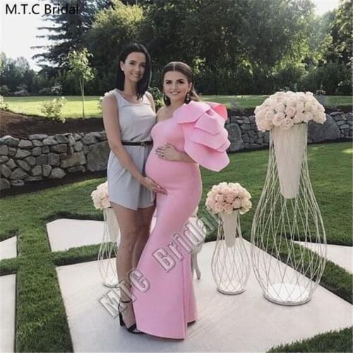Plus Size Pink Pregnant Women Evening Dress One Shoulder Mermaid Long Formal Dresses For Prom Customize Wedding Party Gowns