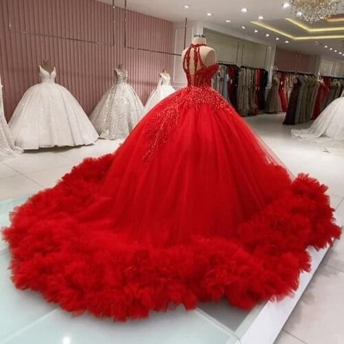 Luxury Puffy Skirt Red Wedding Dresses for Women 2021 Beading High Neck Corset Back Undefined Bridal Gowns vestido de noiva