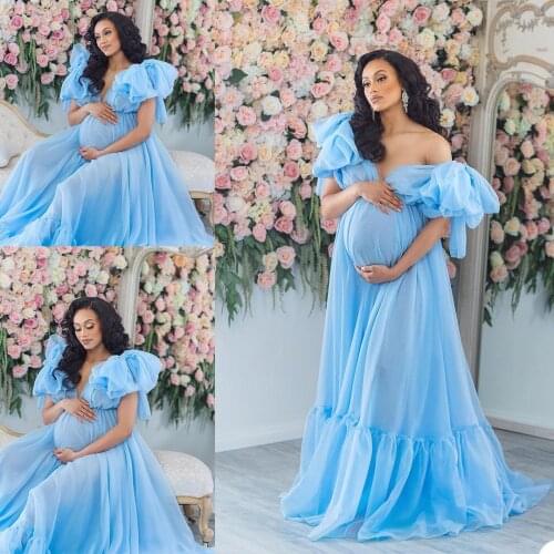 2021 Blue Ruffle Plus Size Pregnant Prom Maternity Sleepwear Dress Nightgowns For Photoshoot Lingerie Bathrobe Nightwear