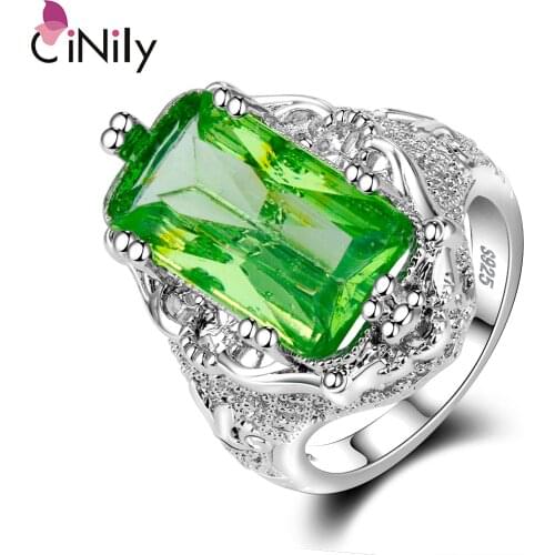 CiNily Luxury Large Lace Rings Silver Plated Pale Green Square Stone Hyperbole Cocktail Party Vintage Jewelry Woman Man