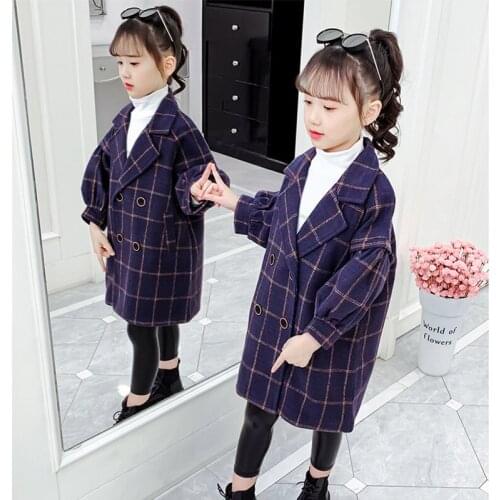 Children Girls Jacket Coat Trench Outerwear Winter Girls Thicken Plaid Jackets Woolen Lantern Sleeve Parka Teenager Warm Coat
