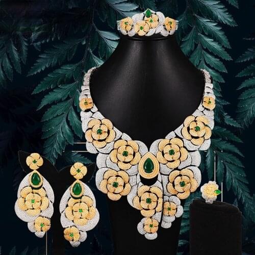 KellyBola Elegant Shiny Russian American Dubai Big Necklace Bangle Earrings Ring Luxury Jewelry For Wedding Bridal Jewelry