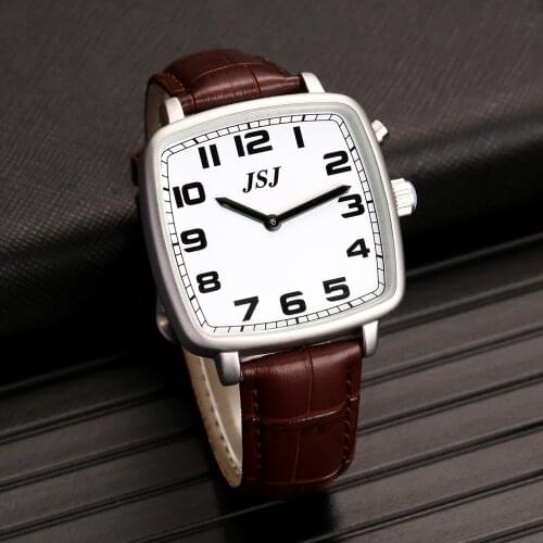 Square English Talking Watch with Alarm,Talking Date and Time,White Dial,Brown Leather Band TESW-1707
