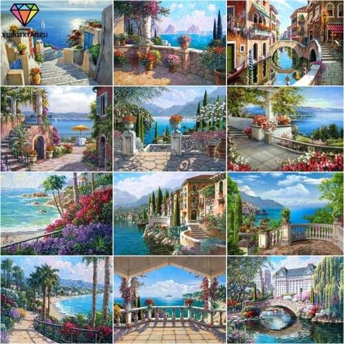 XUEQIXIAOZU Full Round Seaside Town Diamond Embroidery 5D DIY Diamond Mosaic Kit Home Decoration Gift 2020 New Products