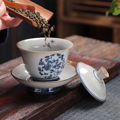 Ceramic Gaiwan Tea Brew Tea Cup and Tea Lid Set Retro Chinese Tea Cups Handmade Kung Fu Sancai Tea Bowl Drinkware