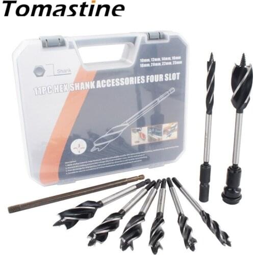 11pcs/set 10-25mm Woodworking Twist Drill Bit Set Four-Slot 6.35mm Shank Carbide Drill Bit Hole Saw For Door Lock Wood Slotting