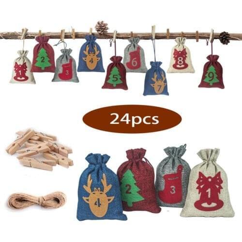 Christmas Advent Calendar Bags Hanging Calendar Candy Bag Garland Decor Wooden Calendar Board Hanging Ornament New Year Decorat