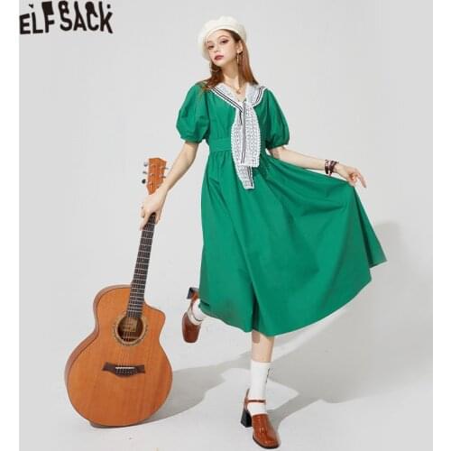 ELFSACK Solid Pure Casual Chic Vintage Dresses Women,2021 Summer ELF Puff Sleeve High Waist Ladies Daily Party Dress