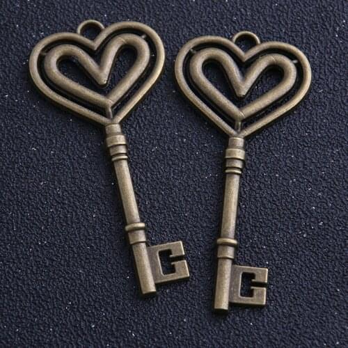 3pcs/lot Antique bronze Metal Double loving heart Lovely Heart Key Pendant Charms 23*84mm Fit Jewelry Making Charms diy