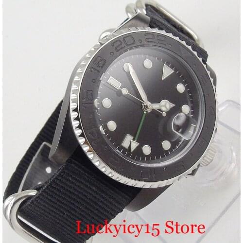 PVD 40mm Automatic Men Wristwatch Sterile Dial Date Window Ceramic Rotating Bezel Green GMT Hand Nylon Strap