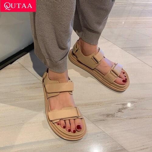 QUTAA 2022 Women Sandals Genuine Leather Open Toe Summer Female Shoes Wedge Flat Heel Hook&Loop Slingback Casual Female Shoes