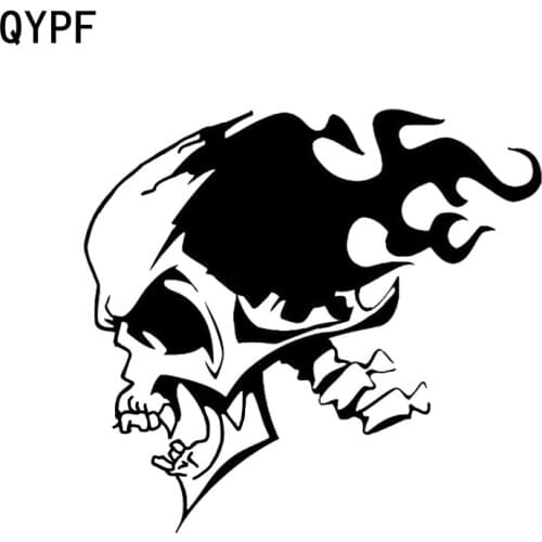 QYPF 15.4*14.2CM Coolest Skeleton Decoration Car Sticker Vinyl Black Silver Skull Tattoo Fire Graphic C16-0065