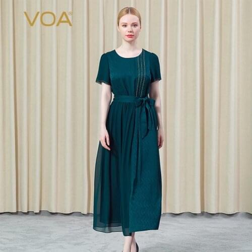 VOA Summer Silk Jacquard O-Neck Short Sleeve Fold Asymmetric Double-layer Georgette Mosaic Elegant Lady Dress for Women AE896