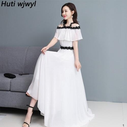 2021 Summer Boho White Chiffon Beach Vacation Dress Women Vintage Casual Black Maxi Dress Bodycon Elegant Party Evening Vestidos