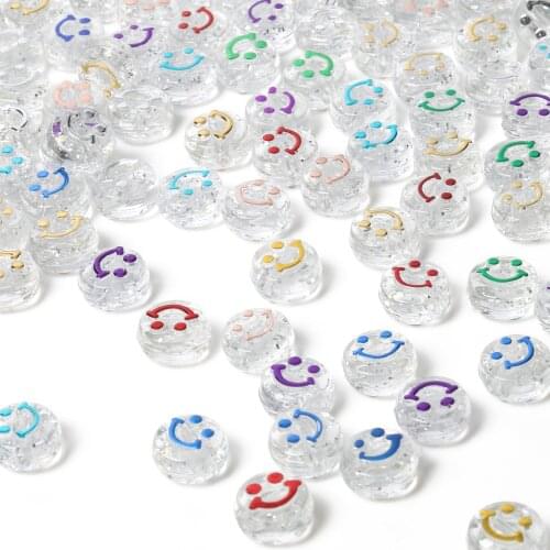 100pcs/Lot 10*6mm Round Cube Acrylic Spacer Beads Smiley Face Transparent Beads For Jewelry Making DIY Charms Bracelet Necklace