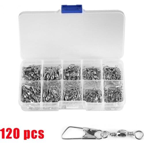 120pcs/lot Stainless Steel Fishing Swivel Snap Rolling Swivel Connector Lock Ball bearing Carp fishing hooked Snaps Tackle Kit