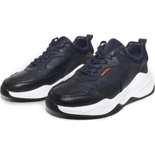 SHENBINS Handmade Running Shoes with Dark Blue Aniline Leather, Height Increasing Modern Soft Soles, Premium Sport Footwear
