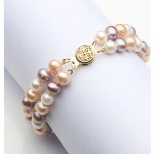 New hot Natural 7-8mm 2 Rows Multicolor Freshwater Pearl Bracelet 7.5