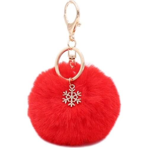 Pom Pom Keychain with Snowflake Pendant Charms Furry Fluffy Plush Ball Keyring X5XA