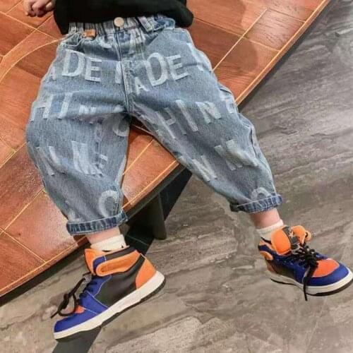 Spring Kids Clothes Letters Full Printed Loose Jeans For Boys 2021 New Fashion Autumn Children Handsome Pants Childrens Trouser