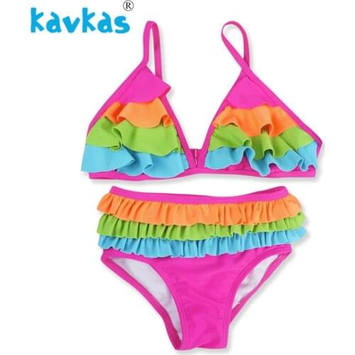 Kavkas Newborn Baby Girl Swimwear Rainbow Patchwork Toddler Girls Swimsuit Bikini Two Pieces Set Banadores Nino