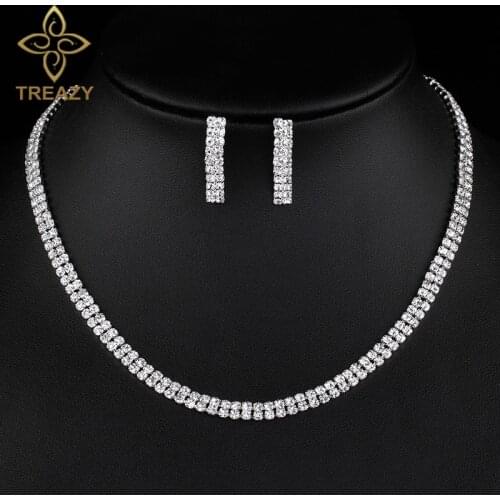 TREAZY Simple Crystal Bridal Jewelry Sets Silver Color Choker Necklace Earrings Sets for Women Wedding African Jewelry Sets