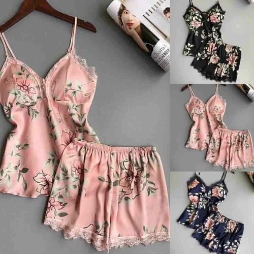 2020 Summer Women Girl Pajama Sets Lace Camis Tops Shorts Babydoll Sleepwear Lingerie Silk Satin Nightwear Sleepwear Set